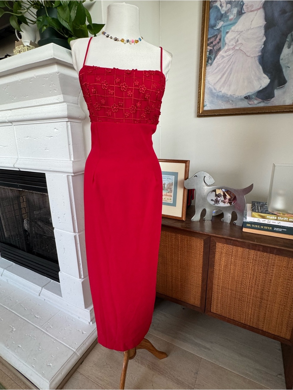 Red Spaghetti-Strap Midi Dress - Elegant Women's Dress